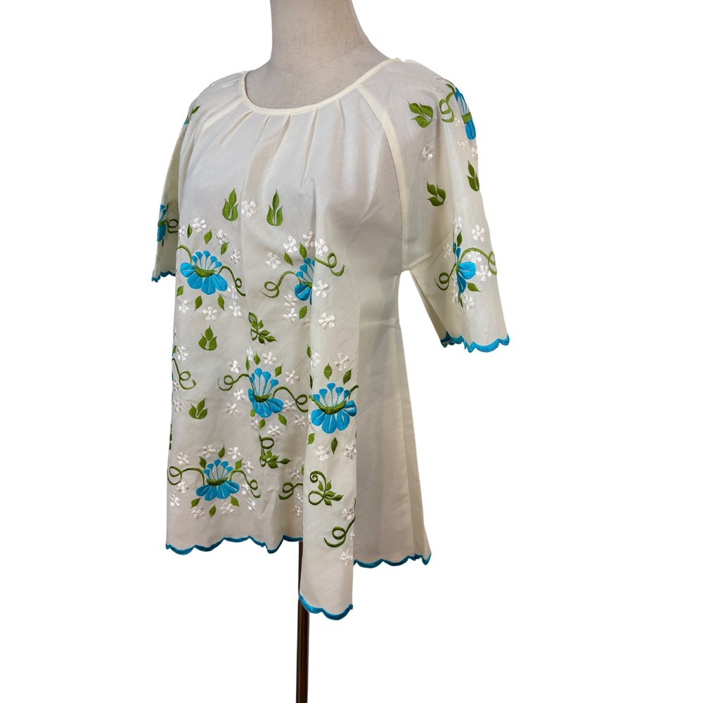 Vtg Embroidered Floral Blouse Women Ivory Peasant Scalloped Boho Folk Cottage - Picture 3 of 5
